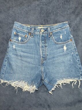 Levi's Distressed Medium Blue High-Waist Denim Shorts